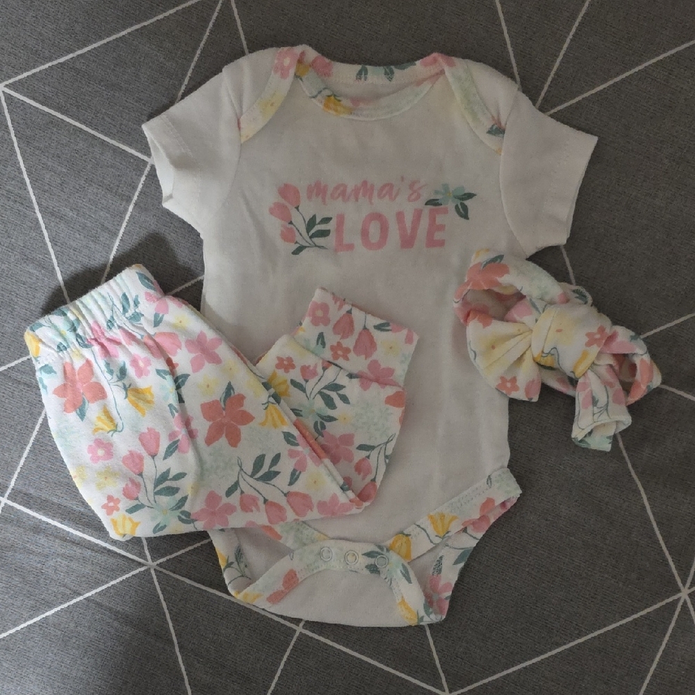 Floral Baby Onesie Set with Pants and Headband